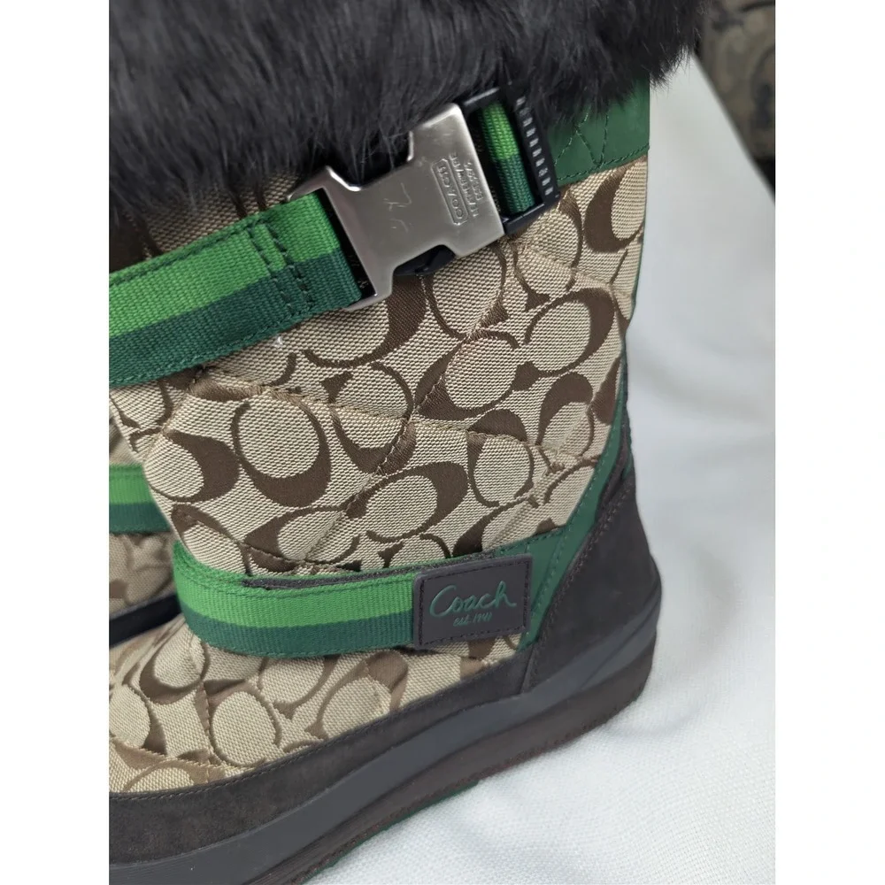Coach Mariette‎ Winter Snow Boots Womens 10 Khaki Green Signature Fur Trim